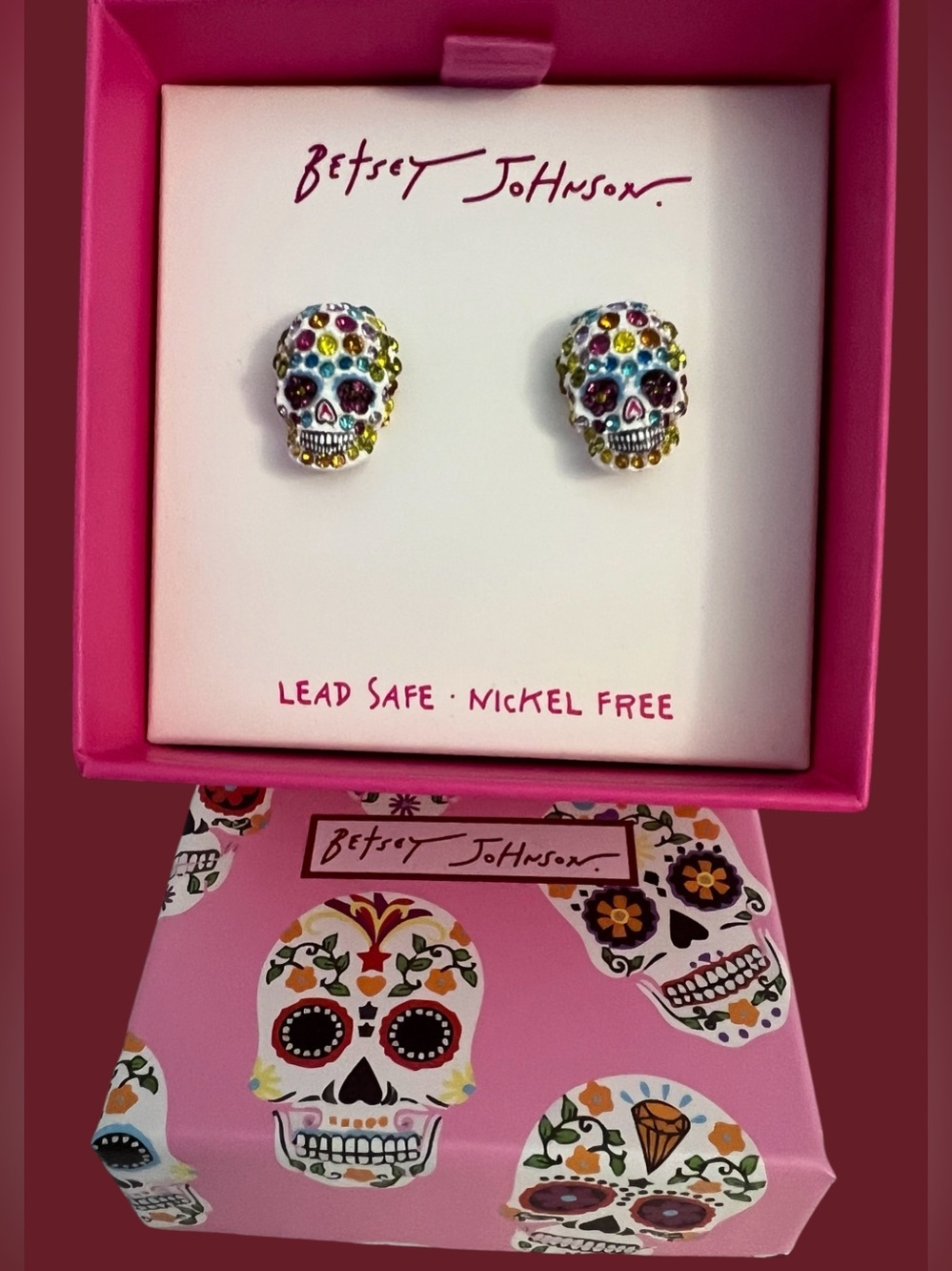 Betsey Johnson Multicolor Crystal Sugar Skull Stud Earrings - Picture 4 of 16